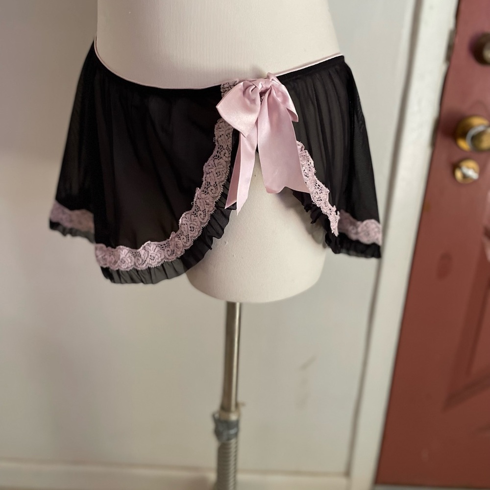 Cacique Black Sheer Lace Skirt with Pink Bow